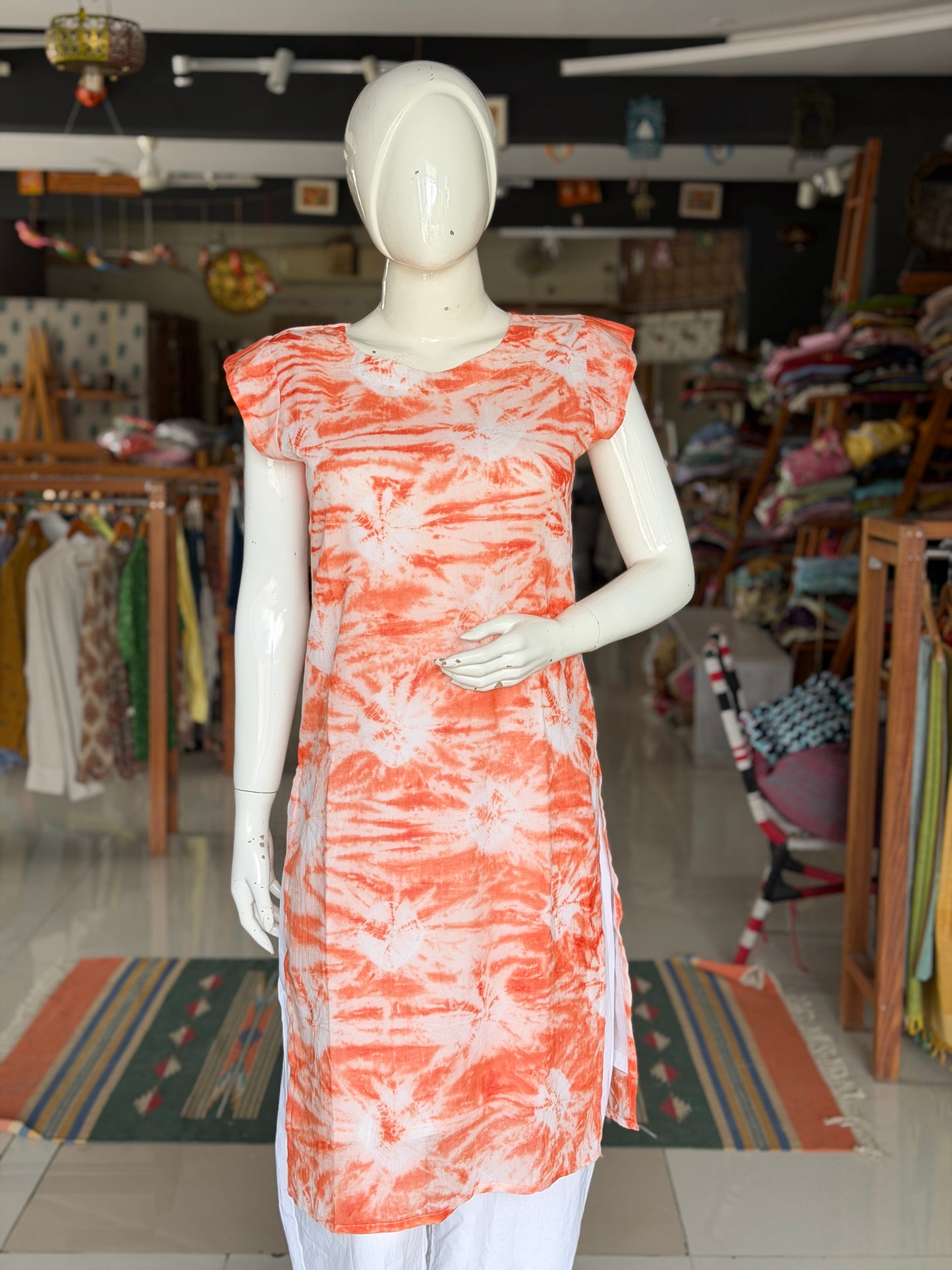 Orange and white tie n dye cotton kurti
