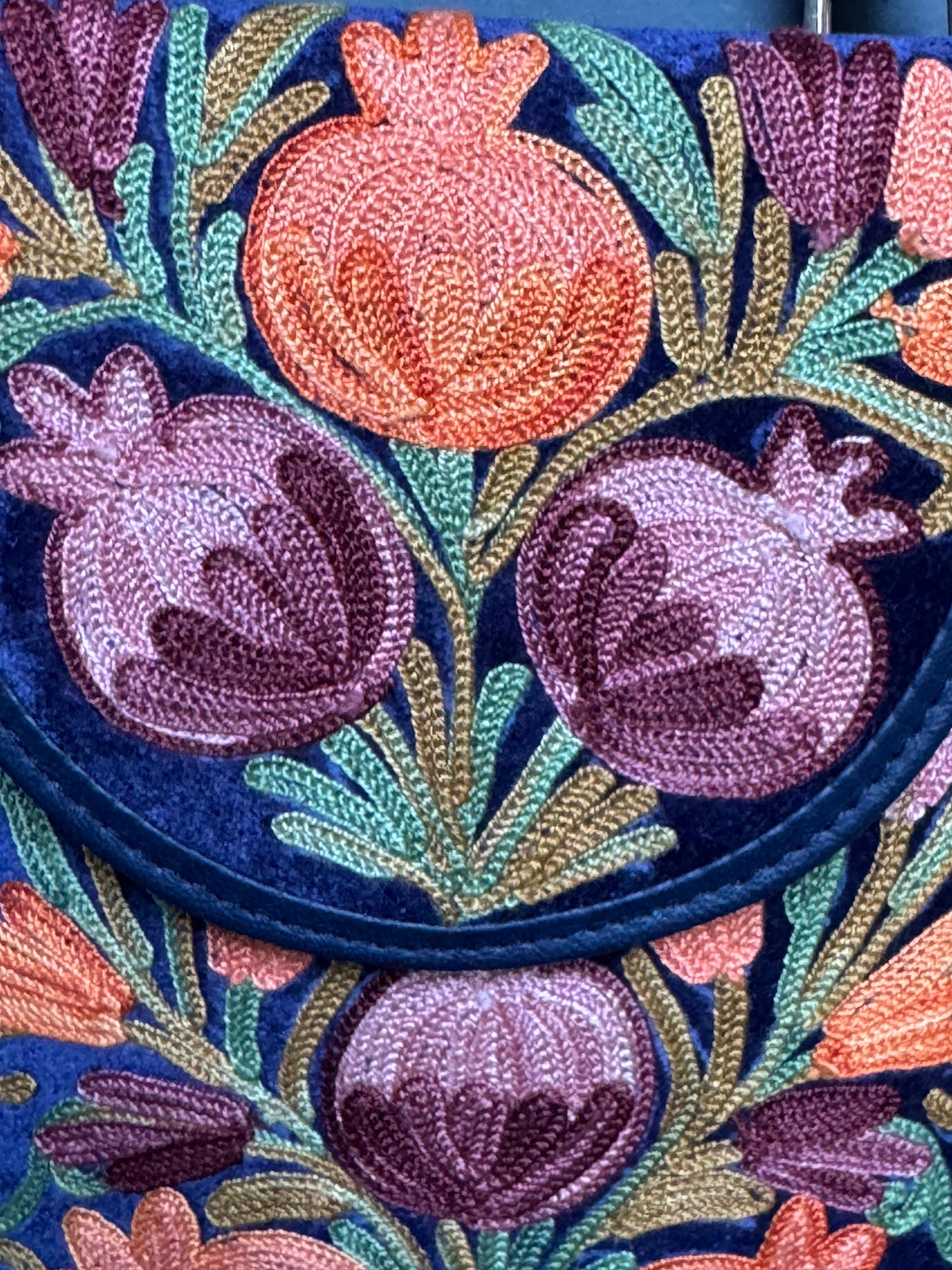 Mobile phone sling pouch - Kashmiri floral Aari embroidered with adjustable length strap and zippered back pocket - colors available