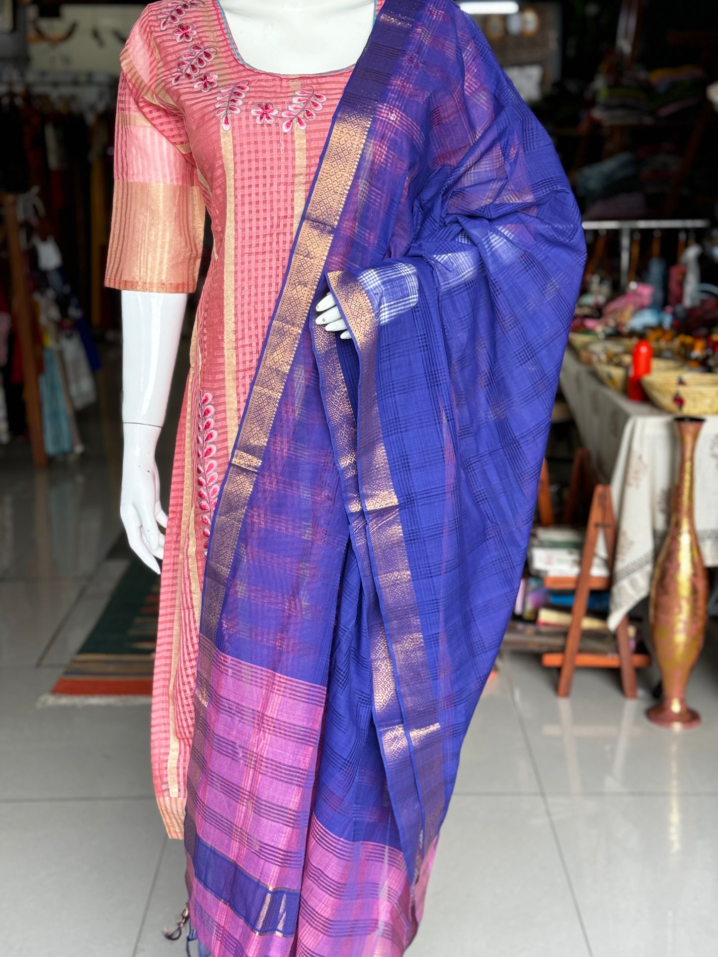 Blue and pink cotton handloom Mangalagiri missing checks dupatta with Zari border