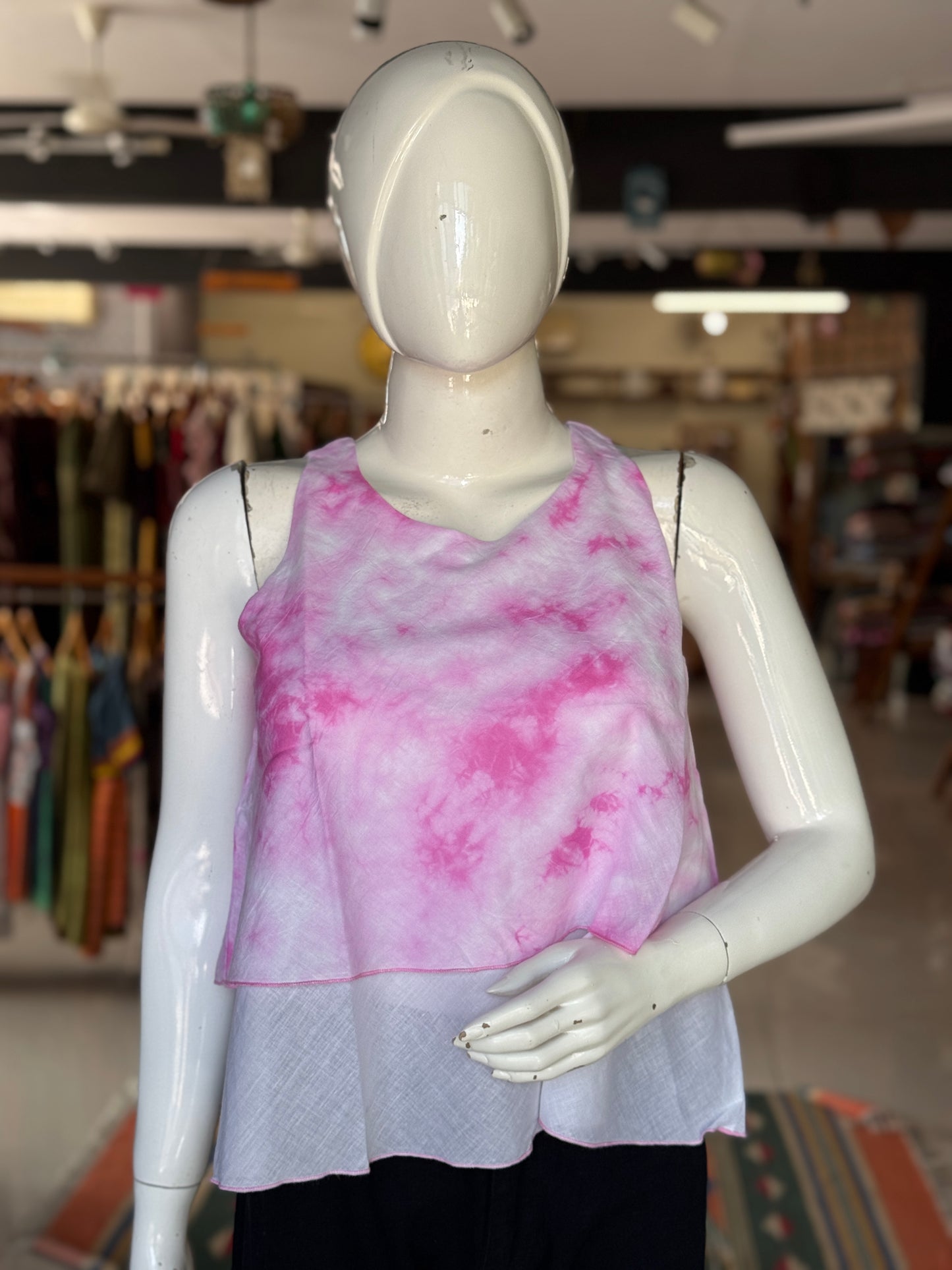 Pink sleeveless layered top in natural dyed, tie n dye soft mul cotton