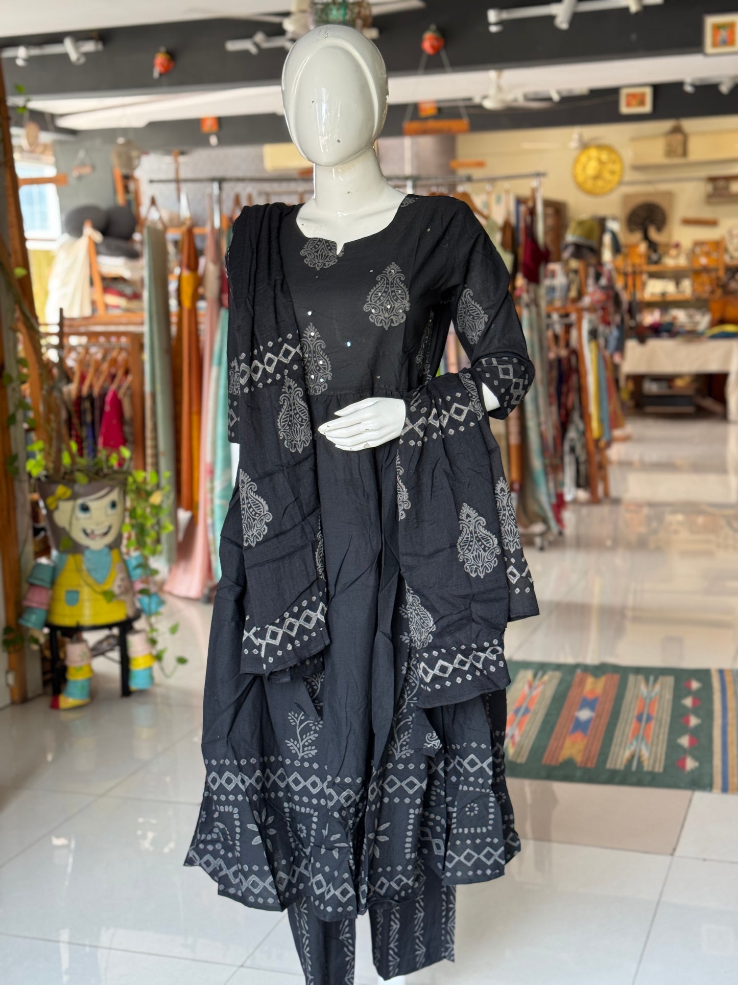 Black with grey hand block printed cotton 3 piece hand block printed set - flared kurti, pants and dupatta