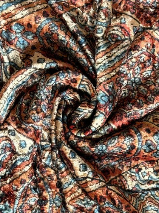 Rust orange diamonds design ajrakh hand block prints on velvet fabric