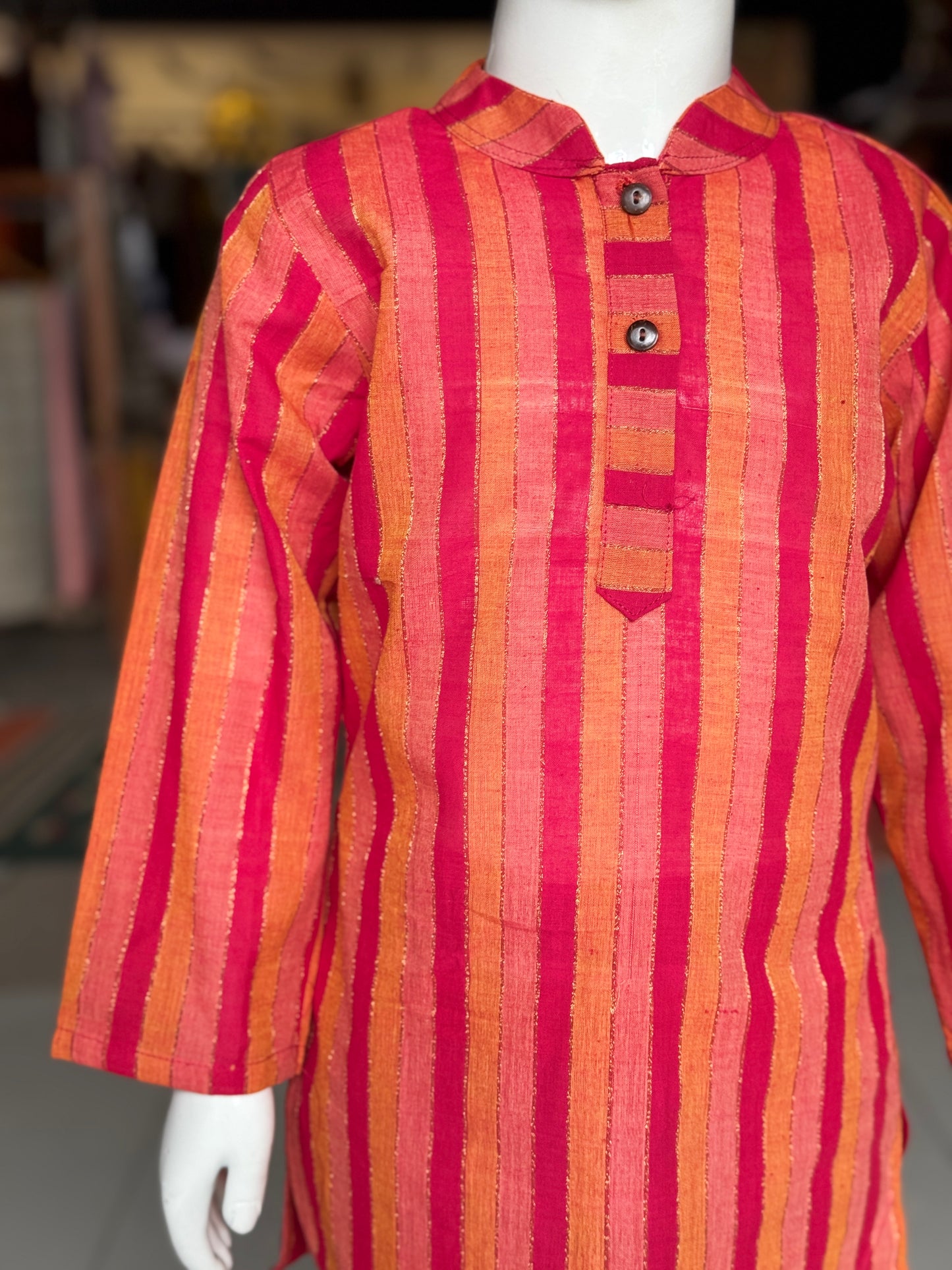 Red and orange stripes long cotton kurta for boys