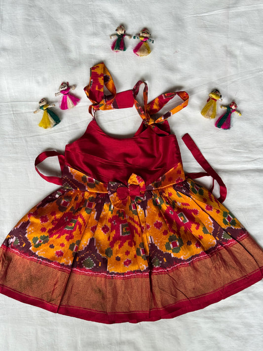 Yellow n maroon pure silk ikat hand woven frock for baby girl
