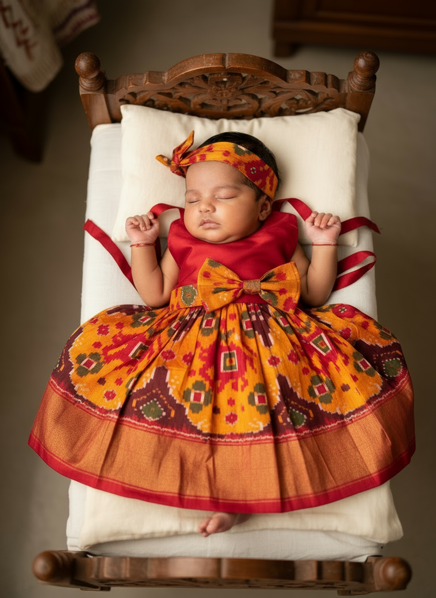 Yellow n maroon pure silk ikat hand woven frock for baby girl