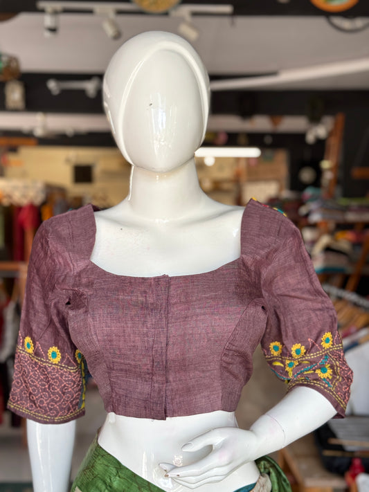 Plum floral hand kantha embroidered silk blouse