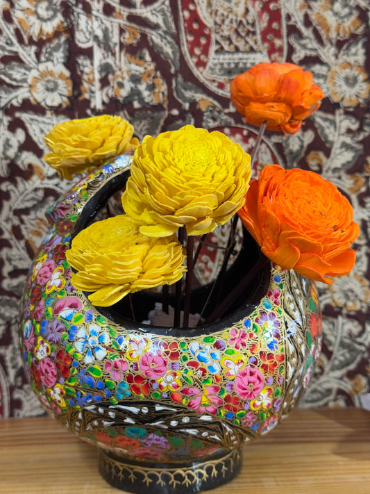 Flower basket in hand painted papier mache art - black