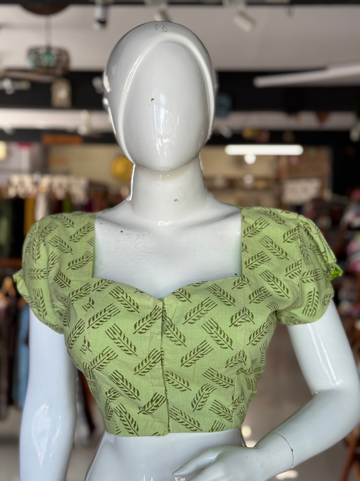 Green leaves handblock printed cotton front open blouse