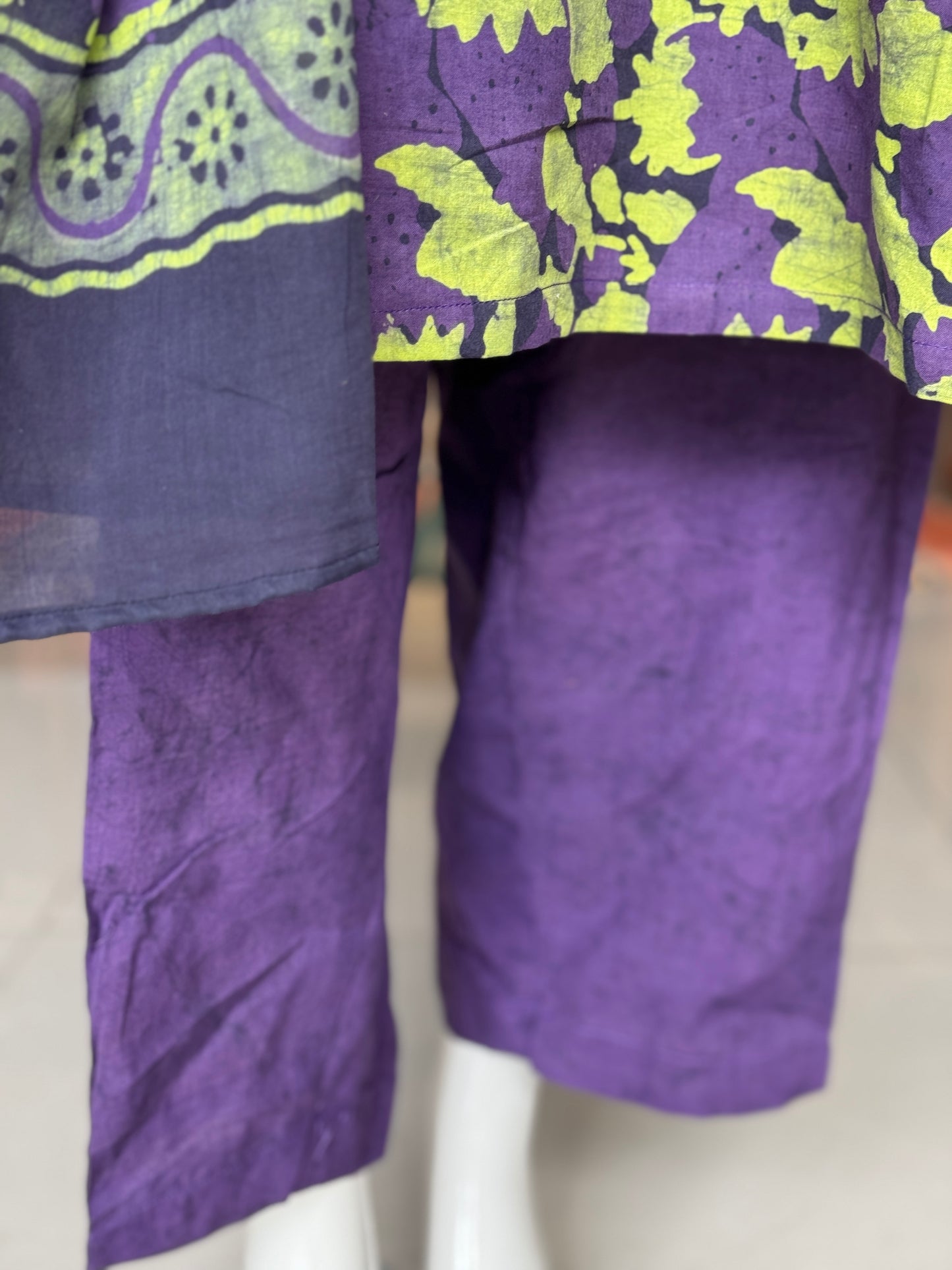 Violet n green batik cotton straight kurta, dupatta and pants -  3 piece suit set