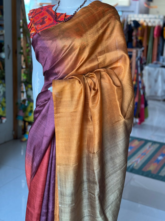 Mustard, green, purple color block pure soft silk saree