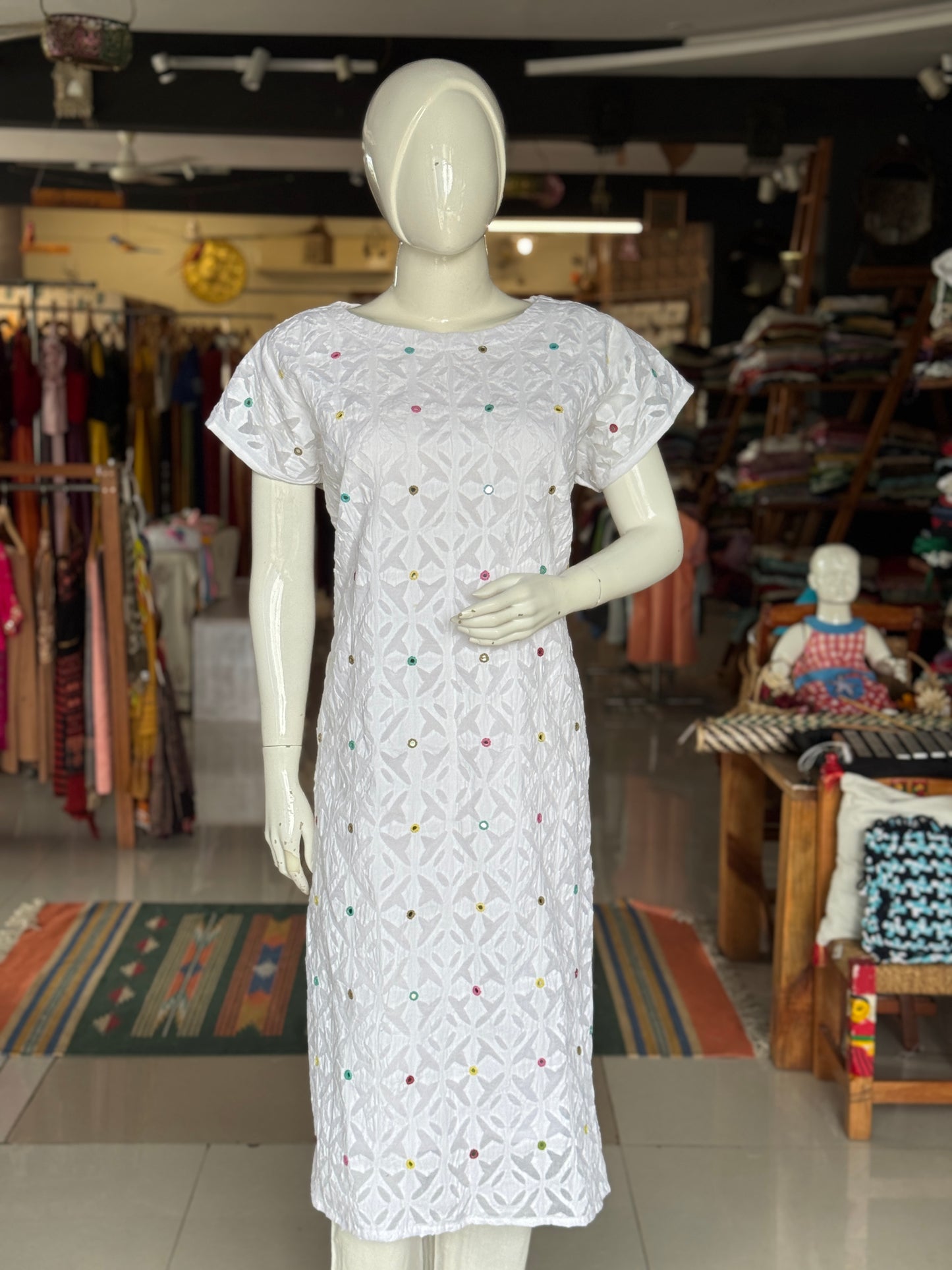 White appliq and hand embroidered mirror work cotton straight kurti with plain back
