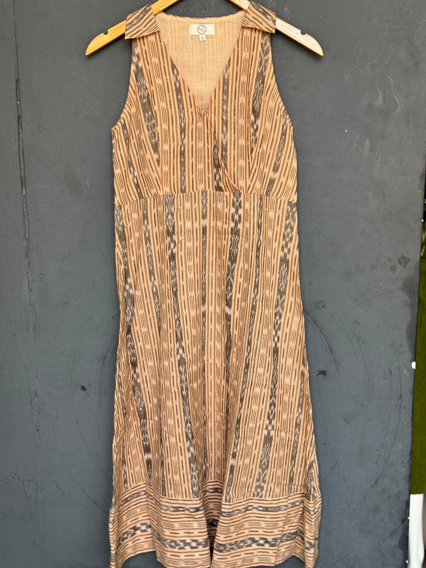 Beige Ikat cotton hand woven v-neck dress