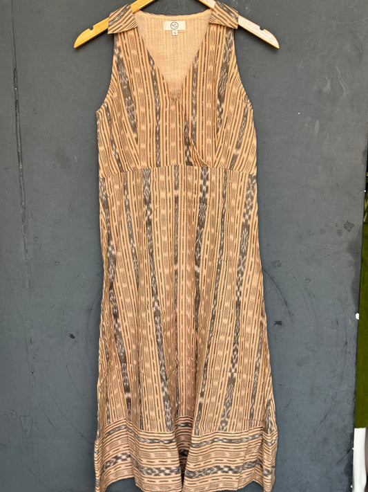 Beige Ikat cotton hand woven v-neck dress