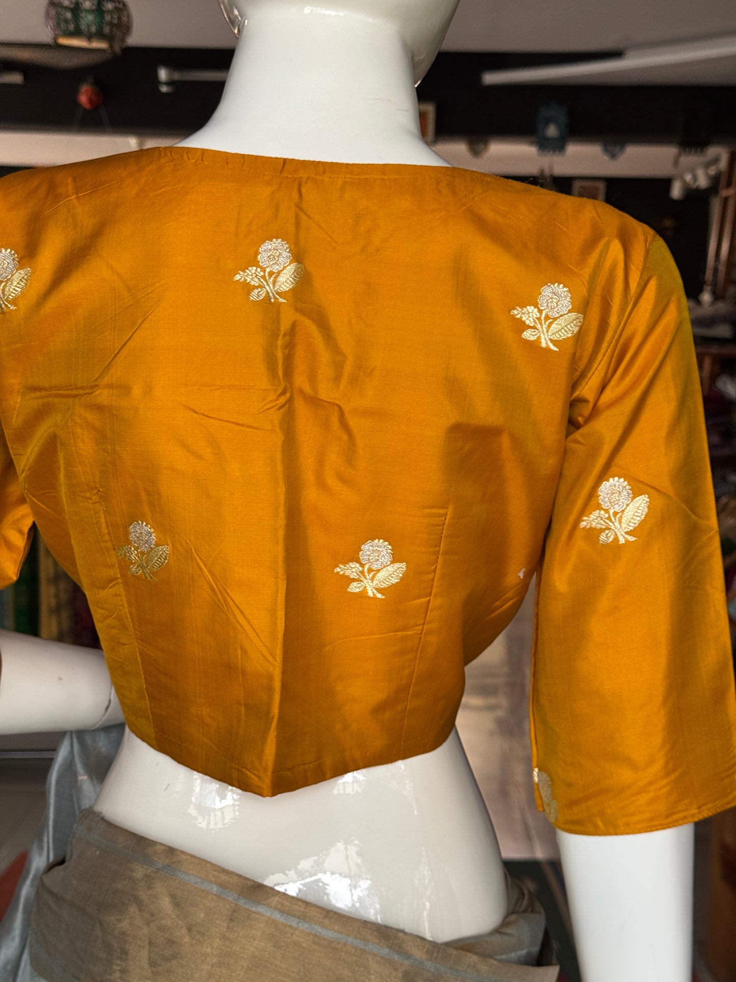 Mustard yellow hand woven pure silk blouse with flower butis - front open, with lining