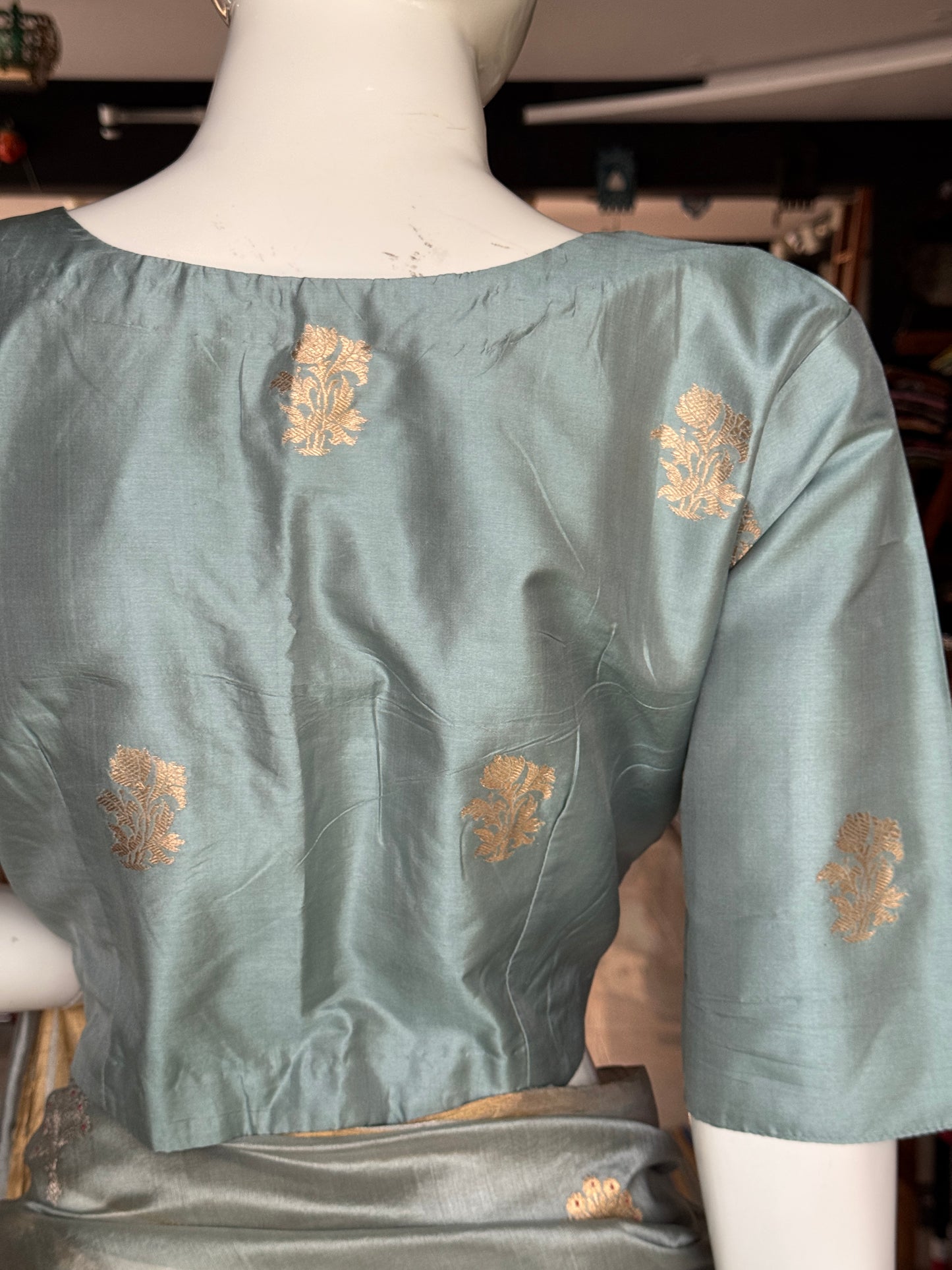 Greyish blue hand woven pure silk blouse with flower butis - front open, with lining