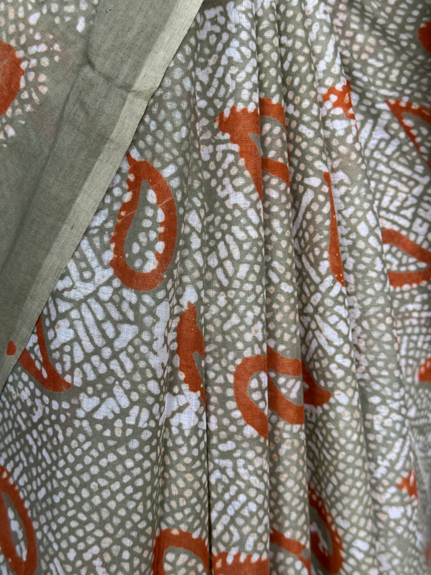 Green and orange hand Batik soft cotton saree