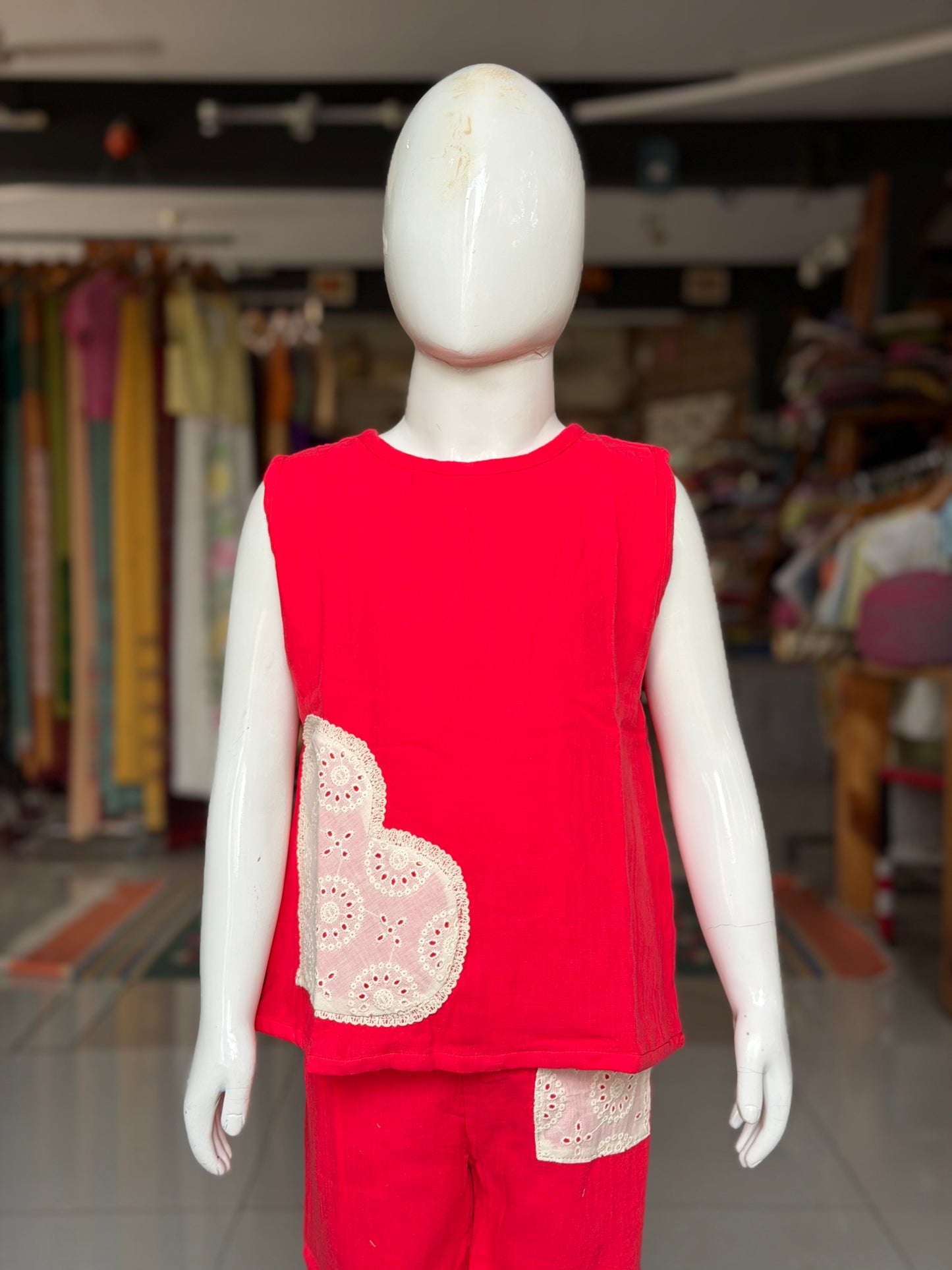 Red crop top pant coord set for girls with hakoba applique - double cotton