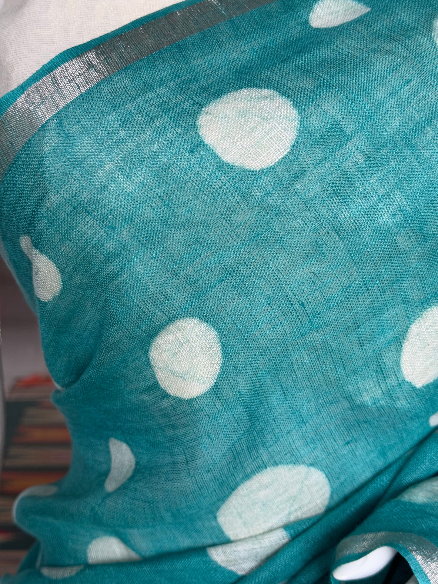 Sea green circles design hand batik linen saree