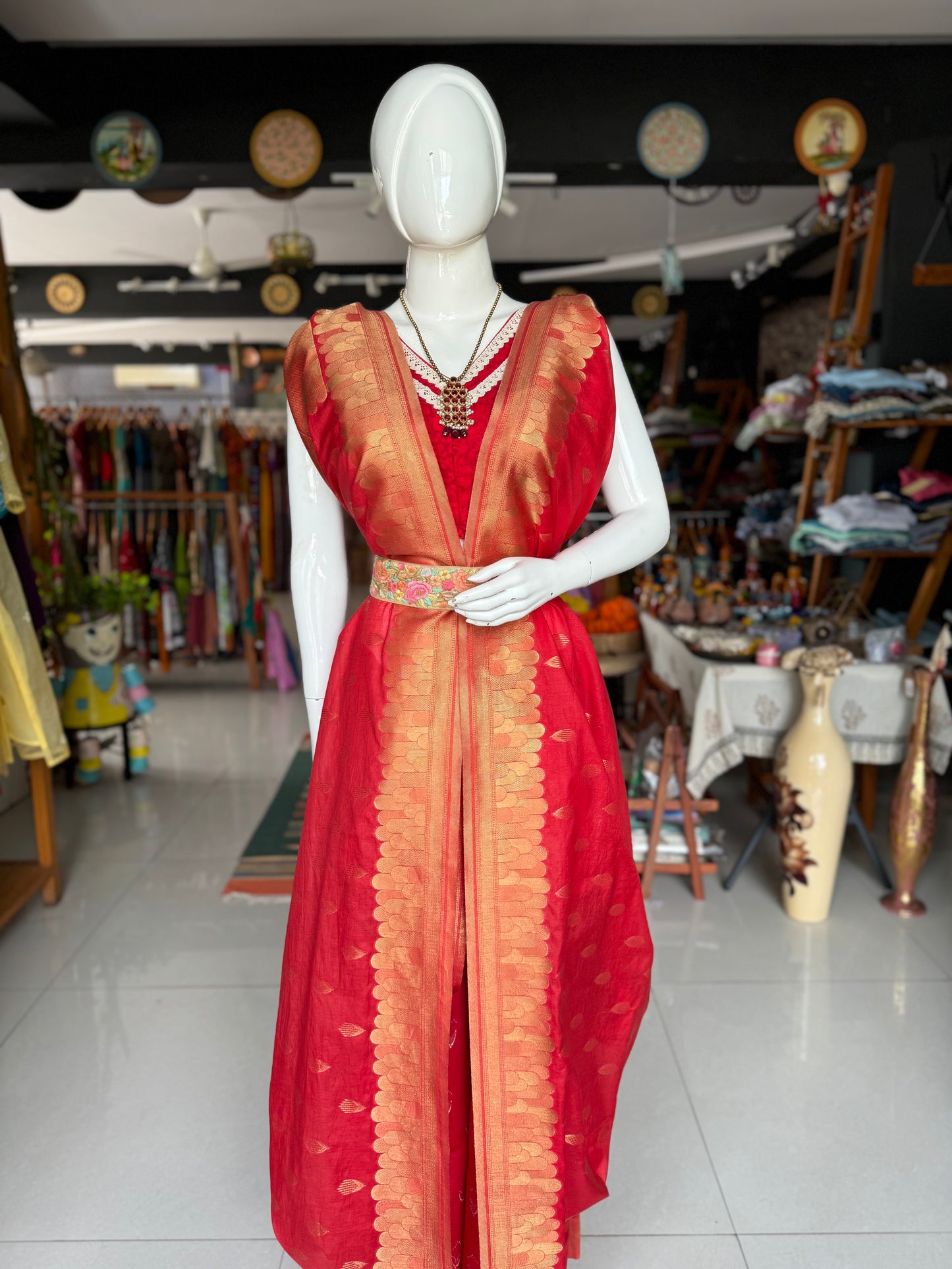 Red Banarasi cotton saree with grand look