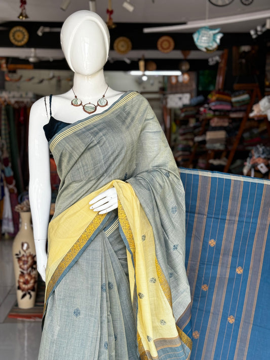 Grey and yellow pure soft cotton handloom saree with butis and double border