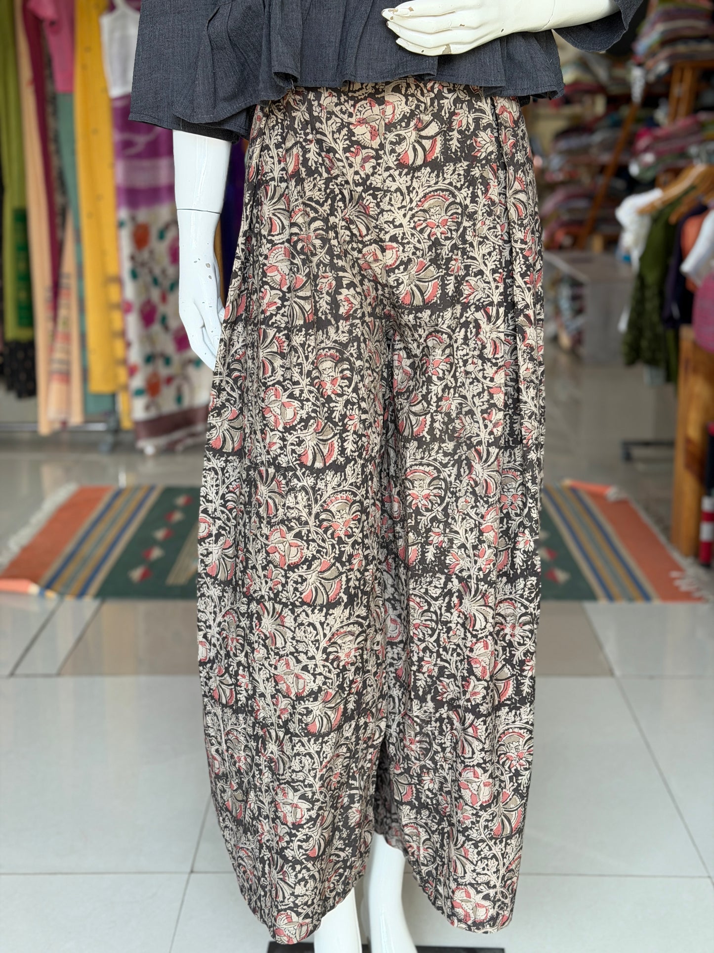 Black Kalamkari hand block printed cotton barrel pants