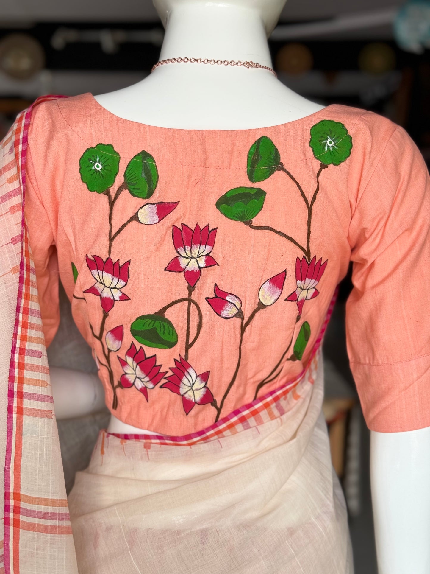 Peach hand painted on handloom cotton front open blouse with lining - Pichwai style floral art for back