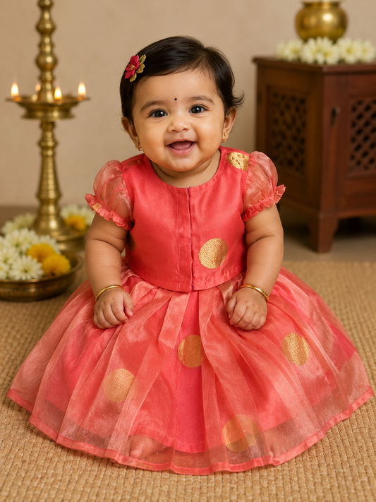 Peach organza handwoven pure silk lehenga (pattu langa jacket) blouse set