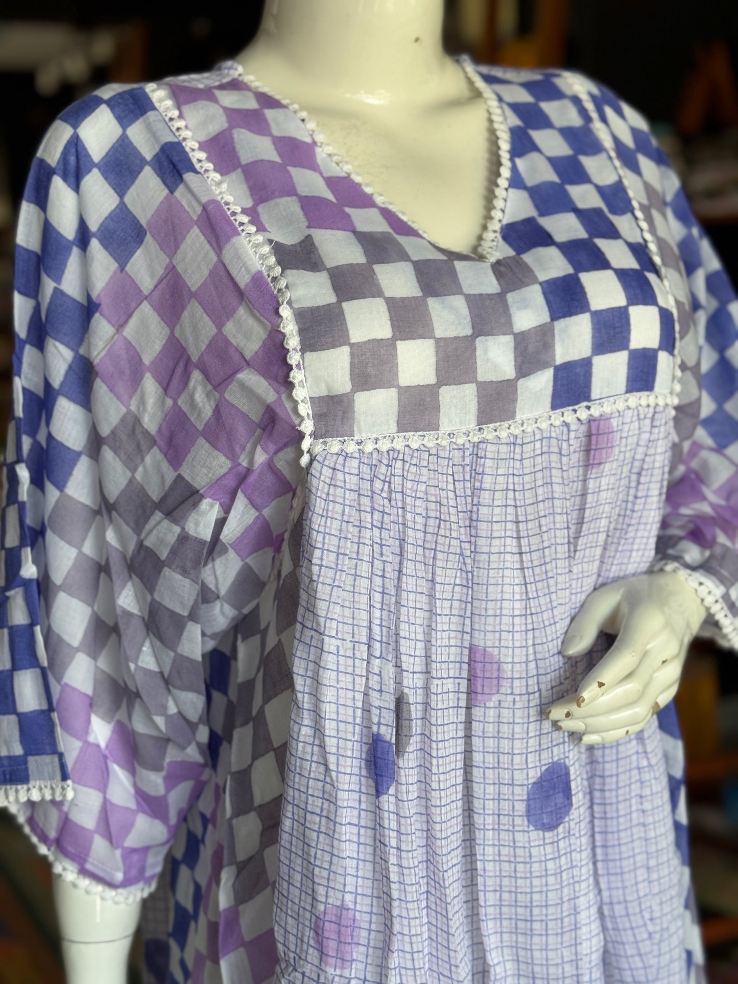 Violet checks and circles hand block printed soft cotton dress with fancy sleeves
