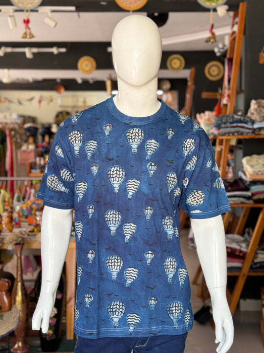 Indigo hot air balloon - hand block printed natural dyed cotton t-shirt