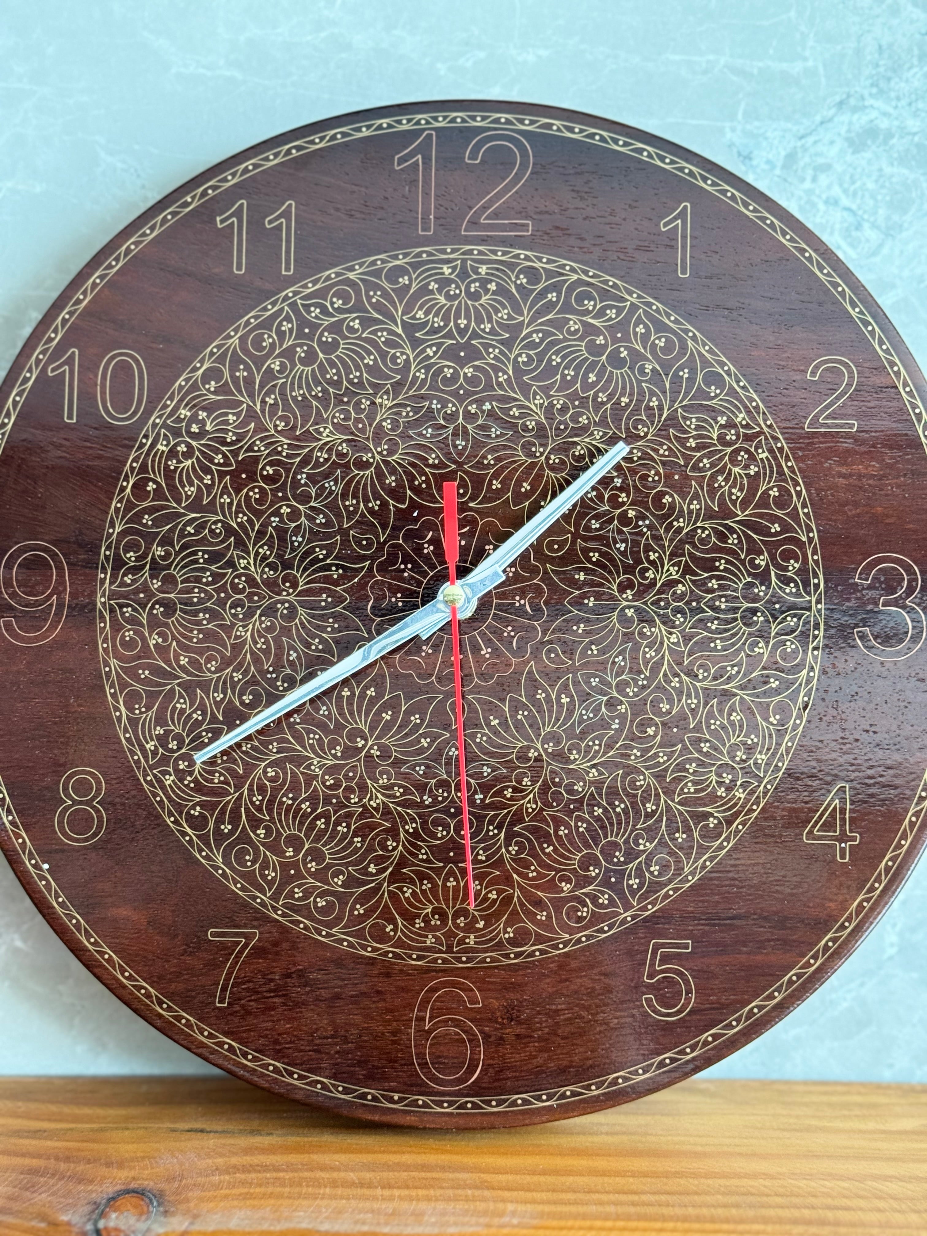 Clock Inlay Brass inlay wooden wall clock - 12 inches size with heavy floral desig ...