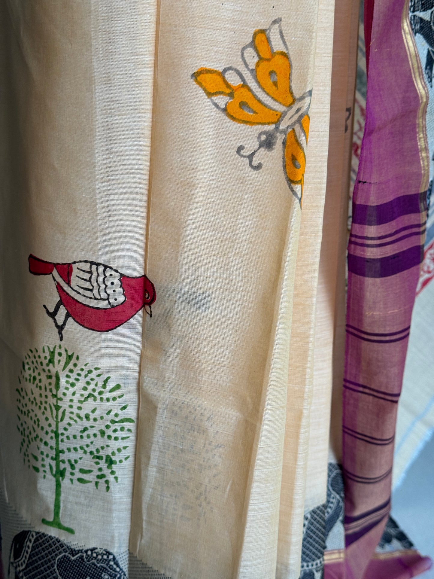 Sandal tone hand block printed Chettinad cotton saree - birds and butterflies
