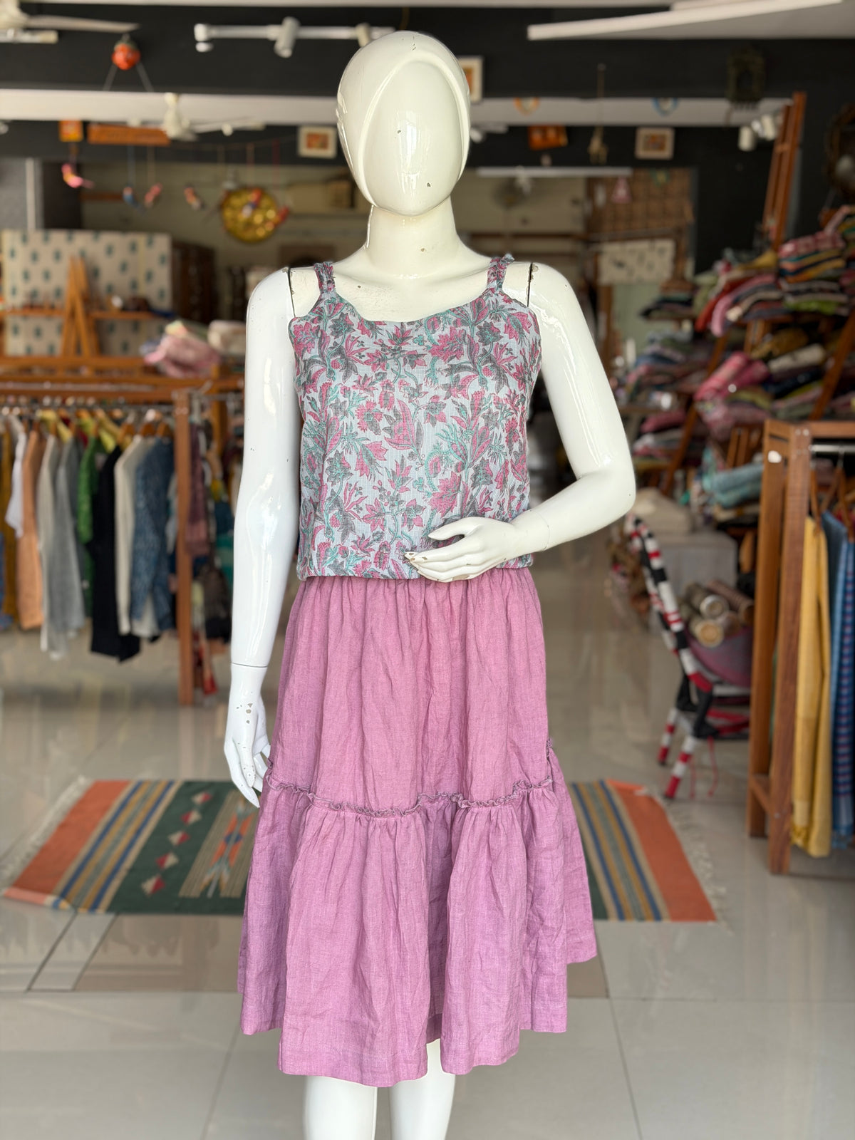 Purplish pink linen tiered skirt