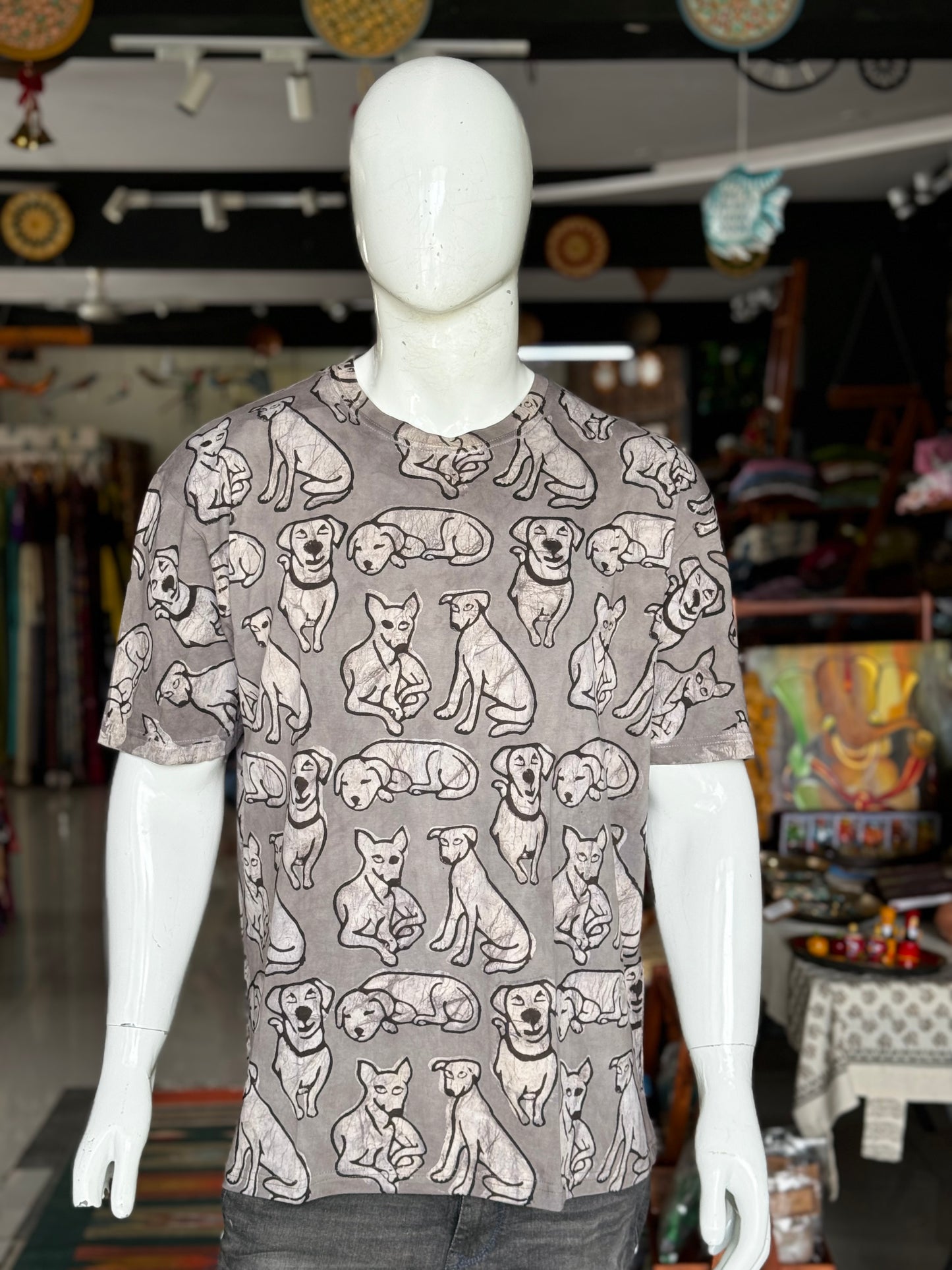 Grey Dog lovers tee - hand block printed natural dyed cotton t-shirt