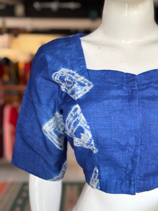 Blue needle tie n dye shibori silk blouse