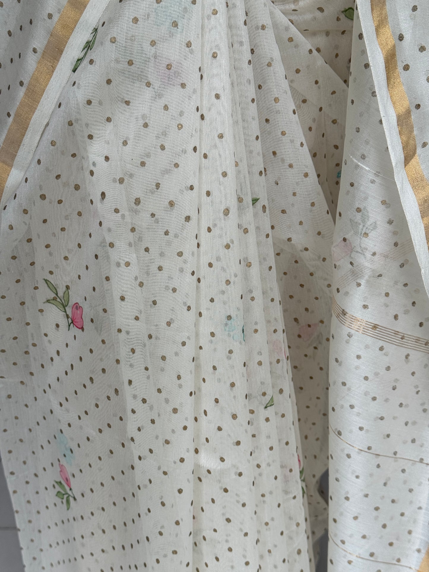 Off white with gold polka dots hand block print and flowers hand painted silk cotton saree