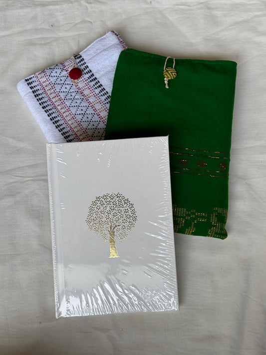 Ruled paper notebook journal / diary with gold foiled cover and  handwoven pouch