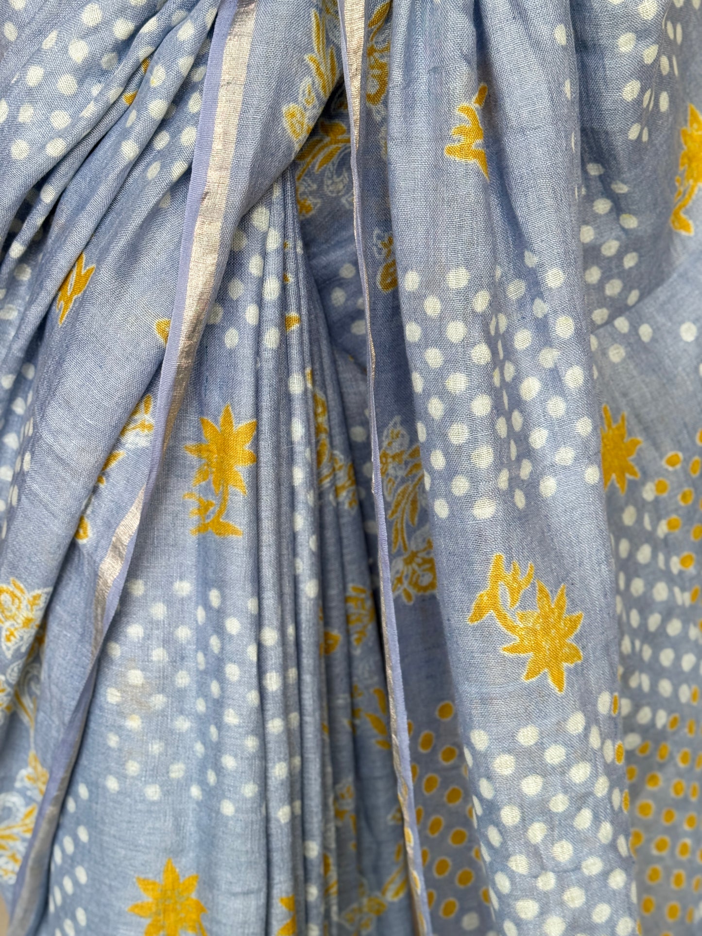 Pastel blue dots n flowers hand block printed linen saree