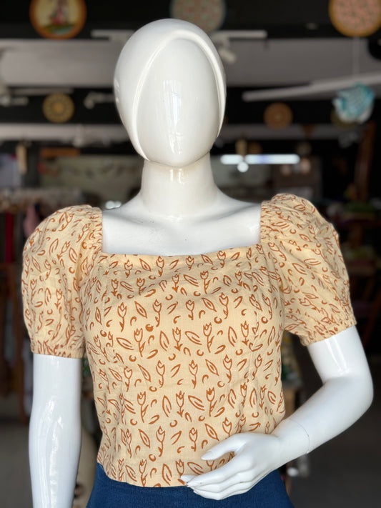 Cream cotton hand block printed square neck crop top / blouse with rust orange block print