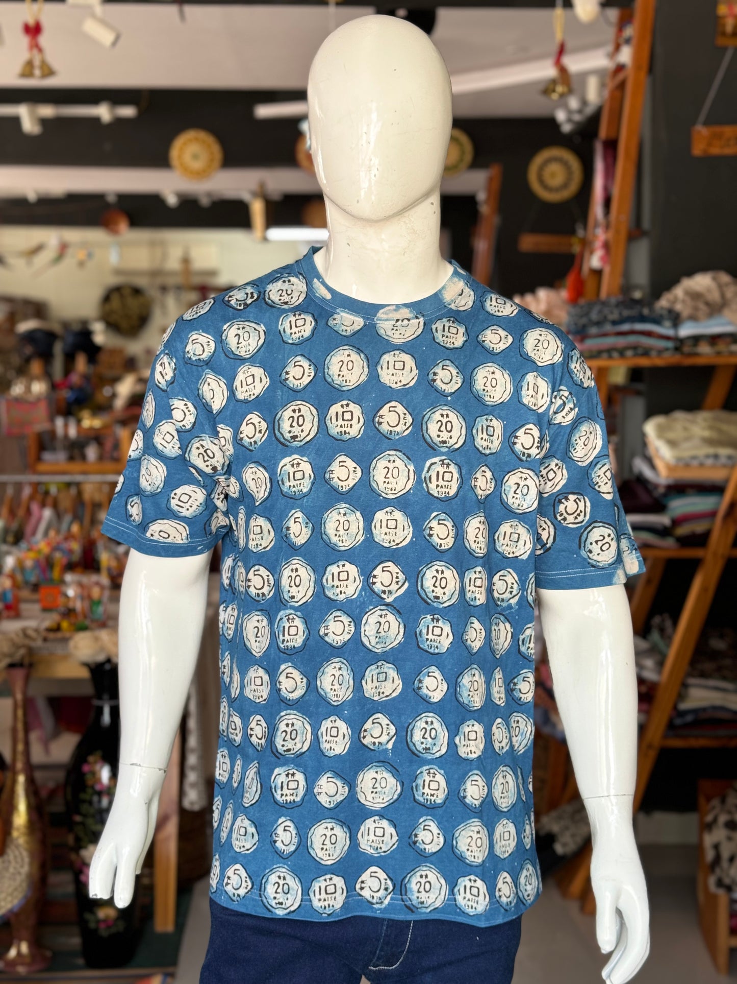 Indigo paisa coins - hand block printed natural dyed cotton t-shirt