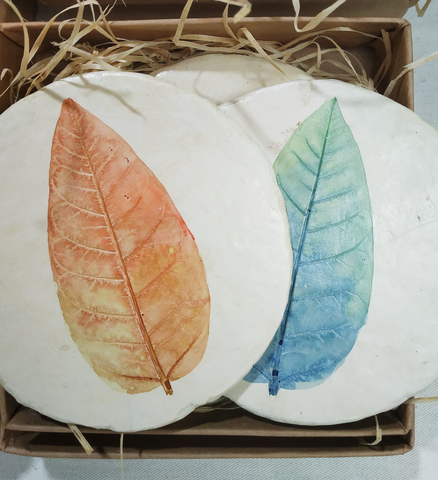 Leaf print Round Coasters 4 piece set - handmade Papier mache