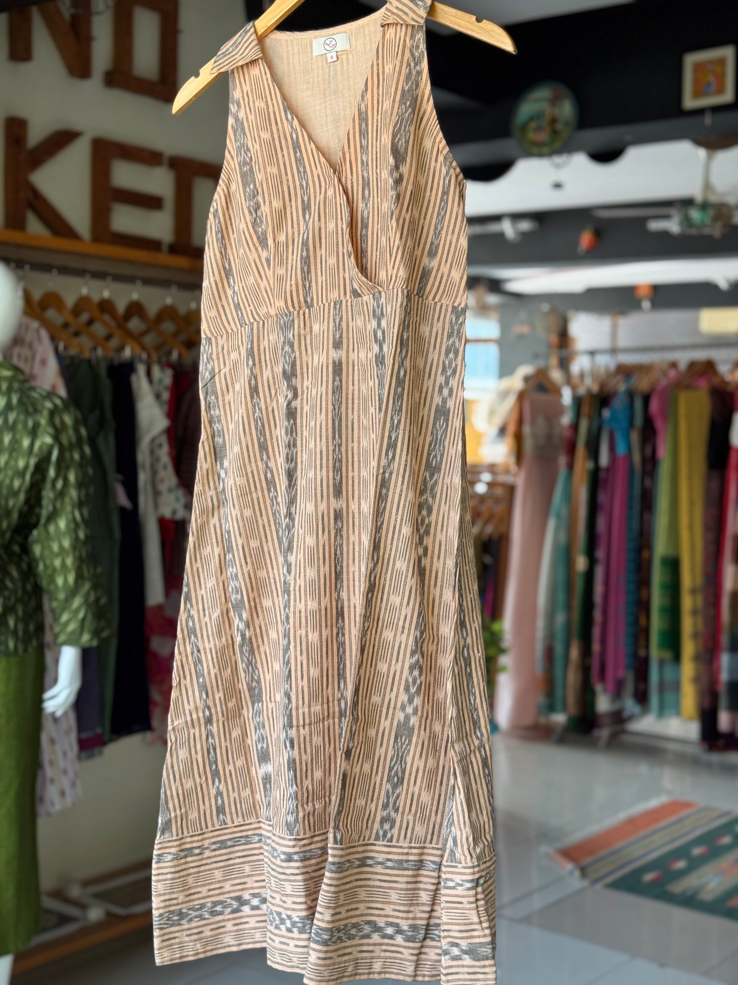 Beige Ikat cotton hand woven v-neck dress