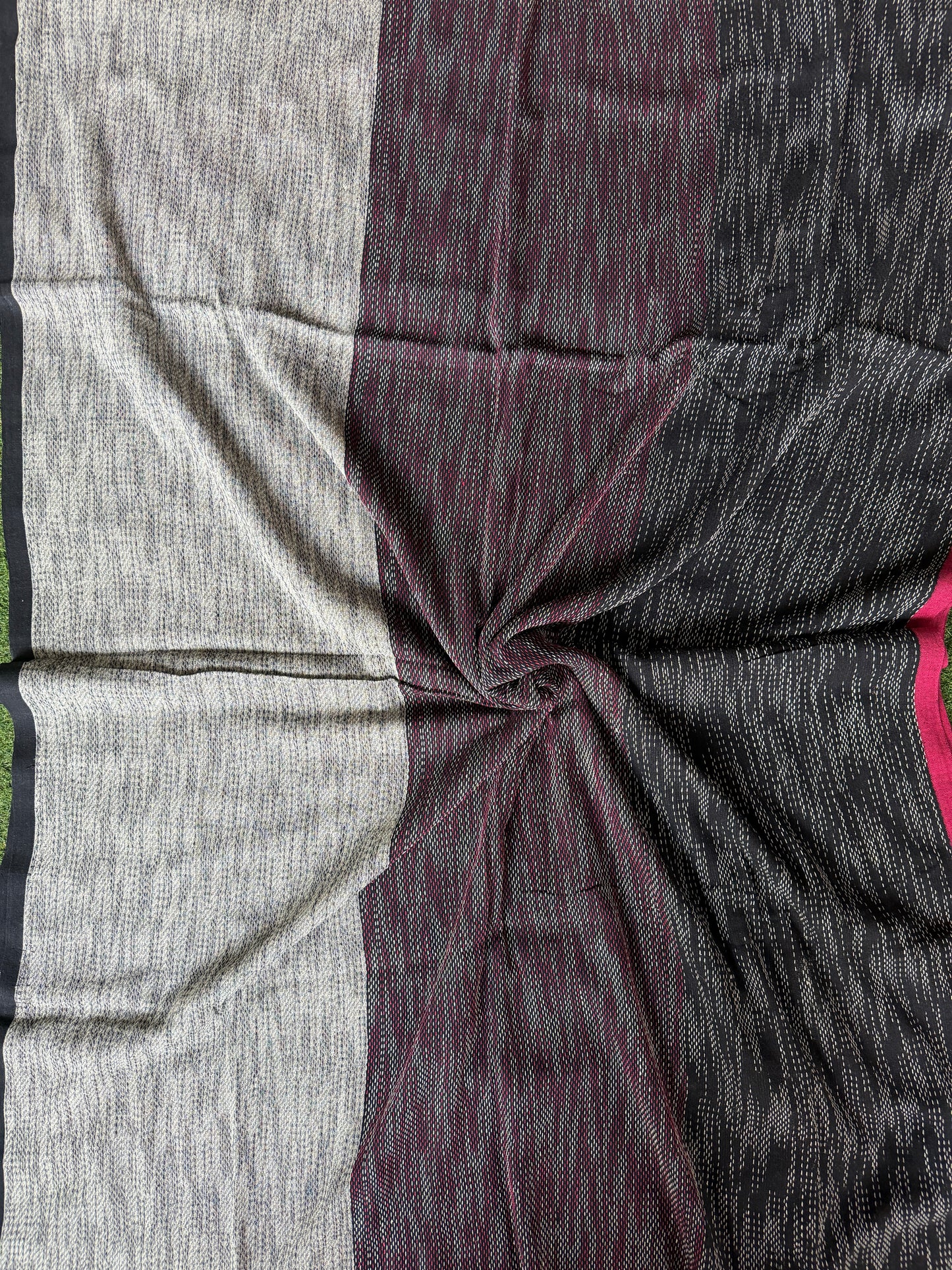 Grey and black, 3 panels design cotton hand spun, hand woven fabric with woven Kantha stripes