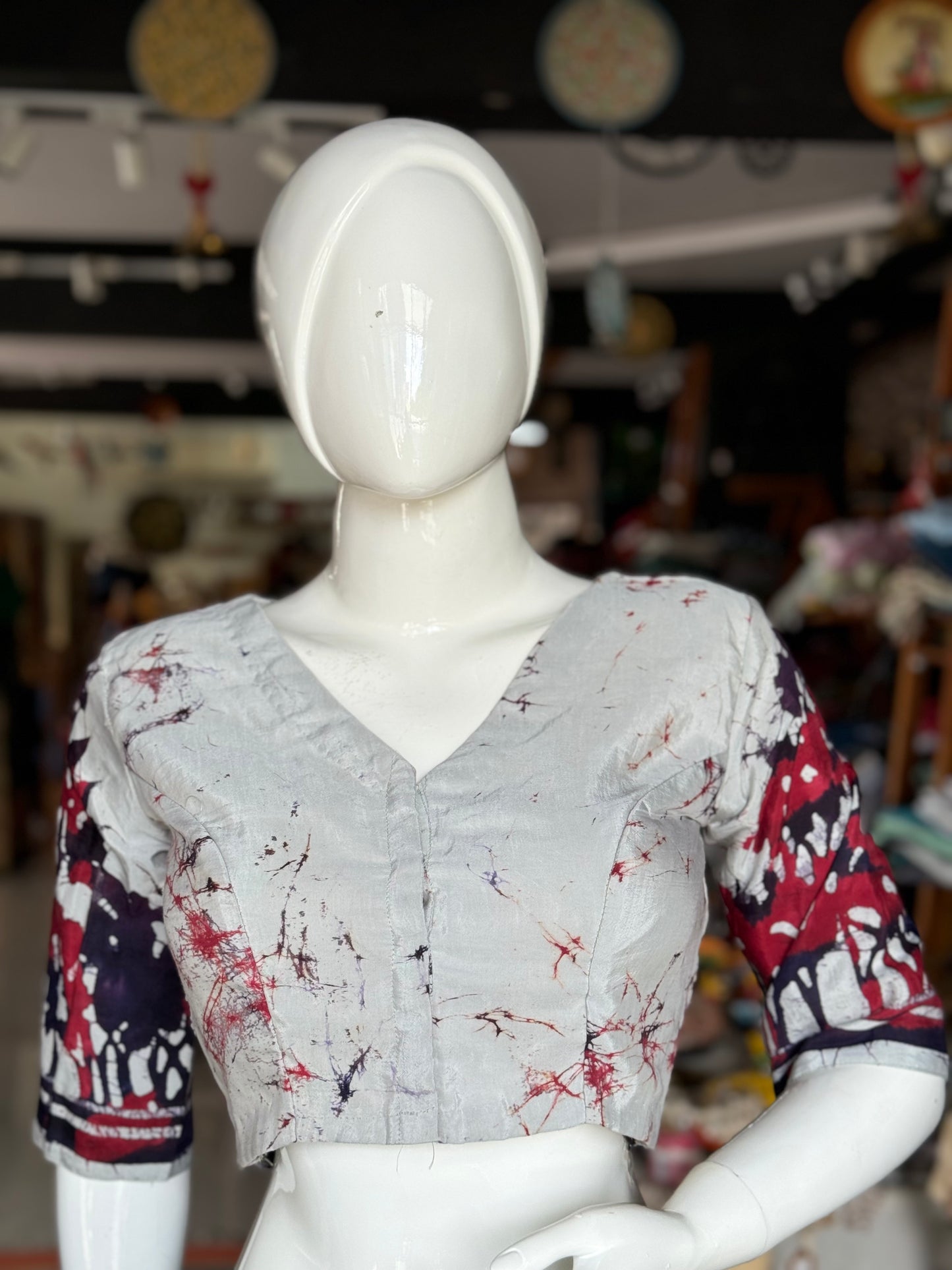 White silk batik front open blouse with lining - red and blue design