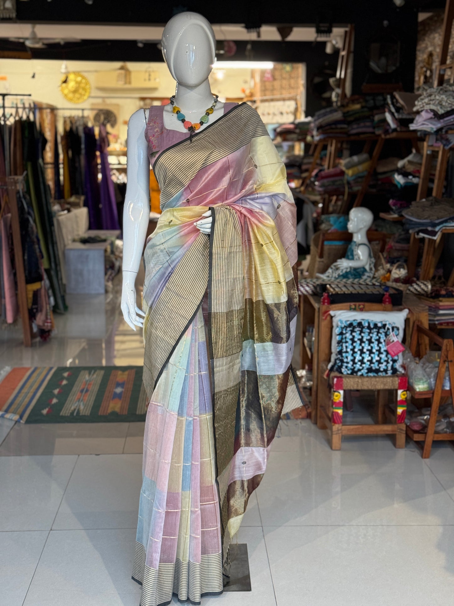 Multi color star buti stripes silk cotton Maheshwari handloom saree