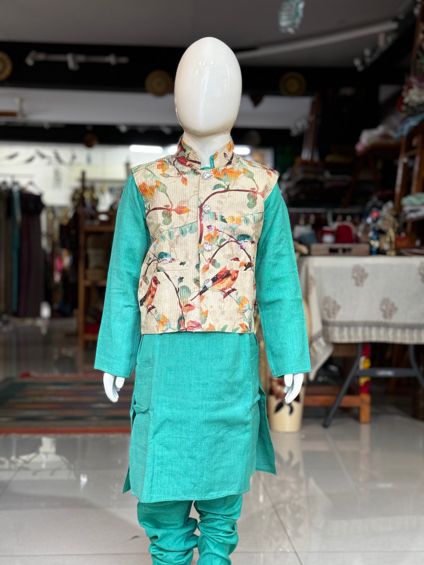 Green long kurta, chudidhar pants and nature print Nehru jacket - 3 piece set for boys