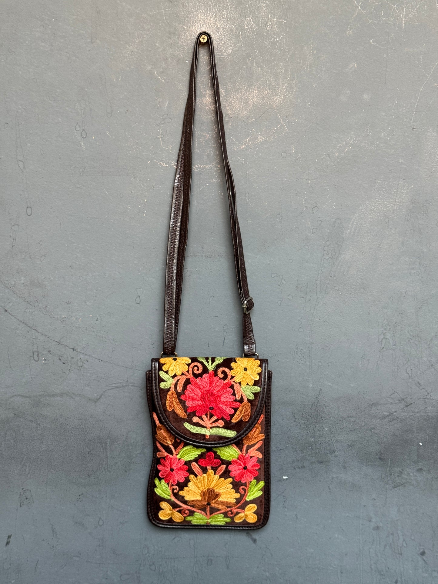 Mobile phone sling pouch - Kashmiri floral Aari embroidered with adjustable length strap and zippered back pocket - colors available