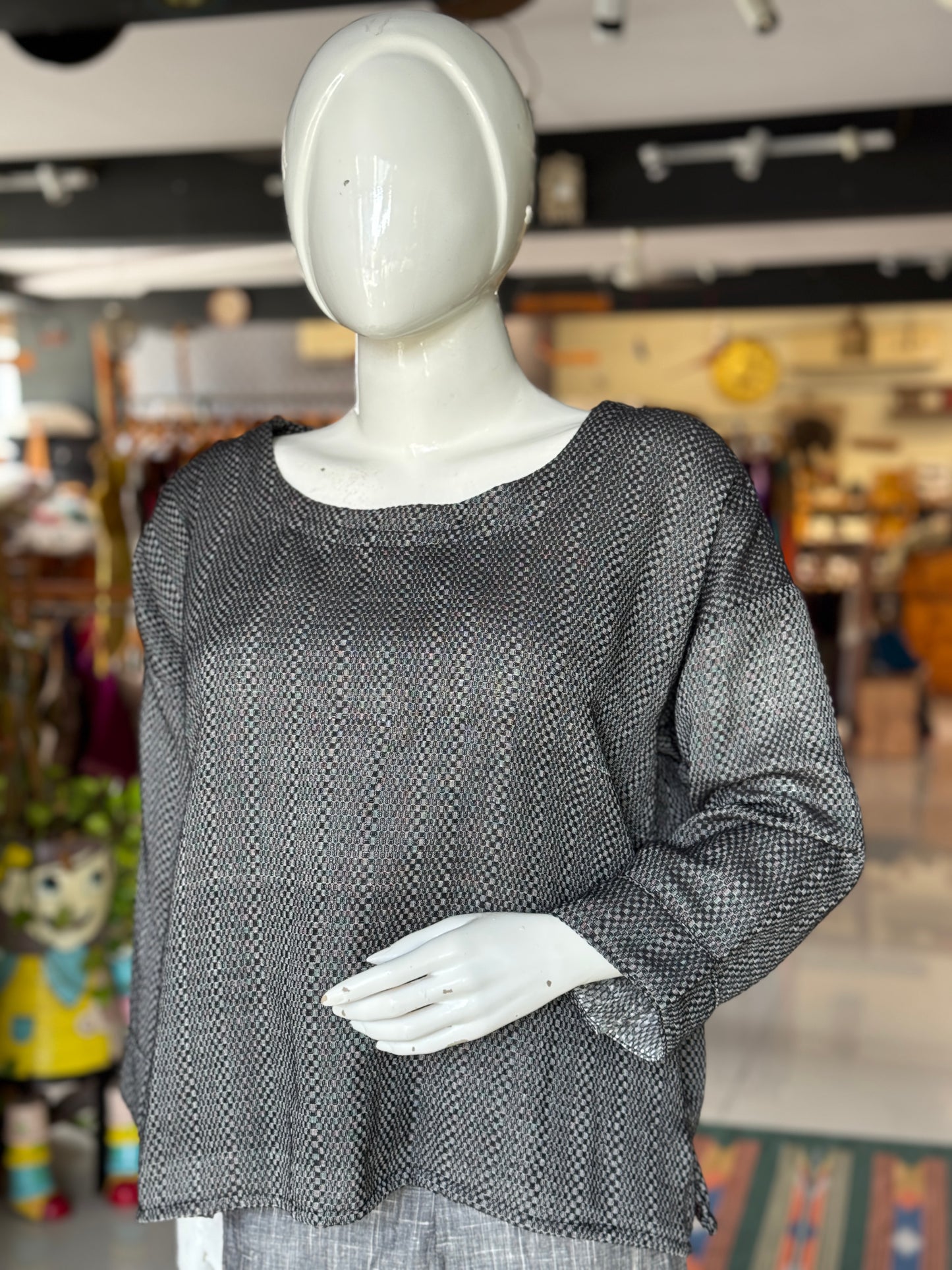 Black handloom self checks cotton top for women with dropped shoulder