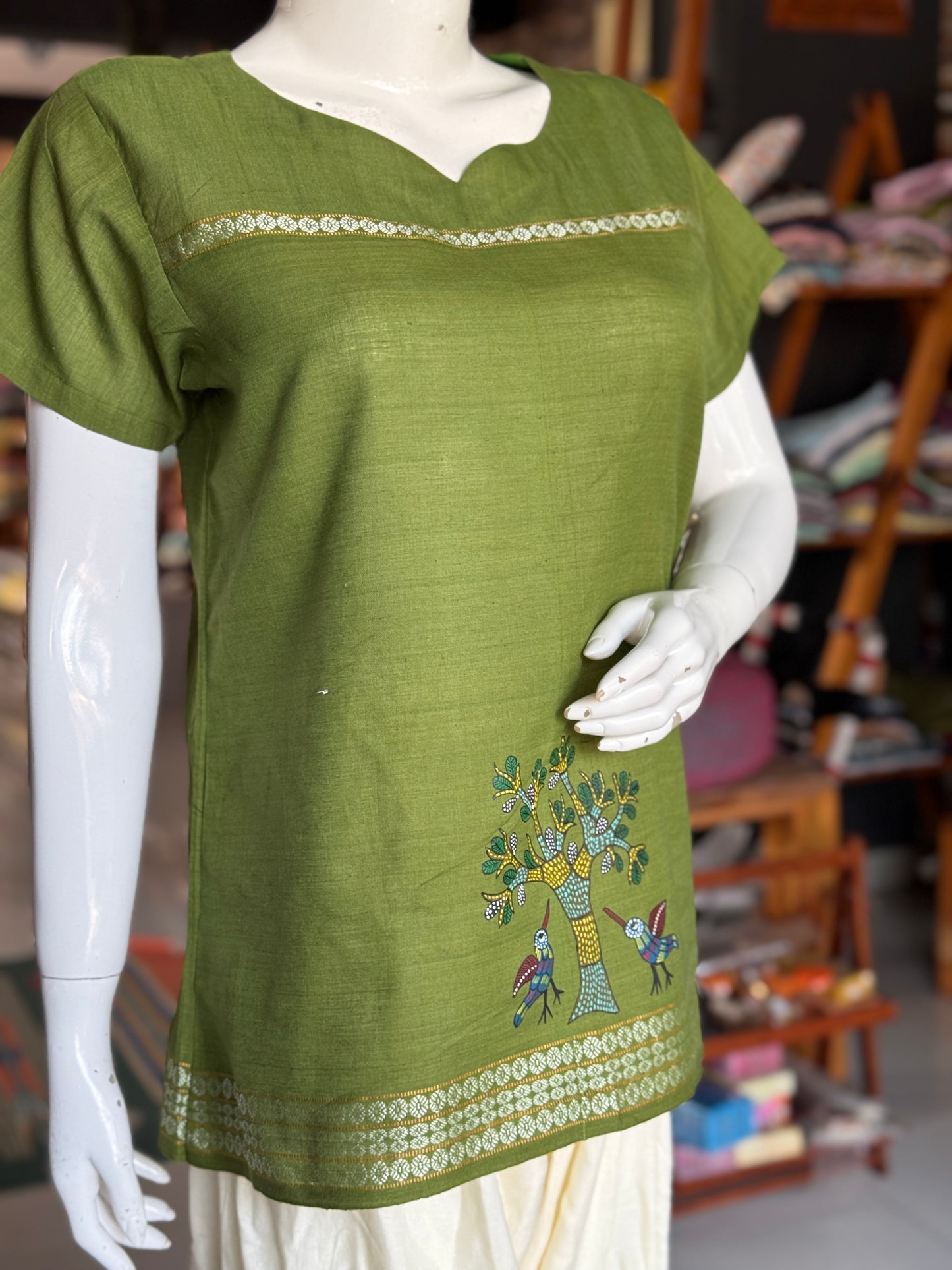 Green birds and tree hand painted, handwoven cotton top
