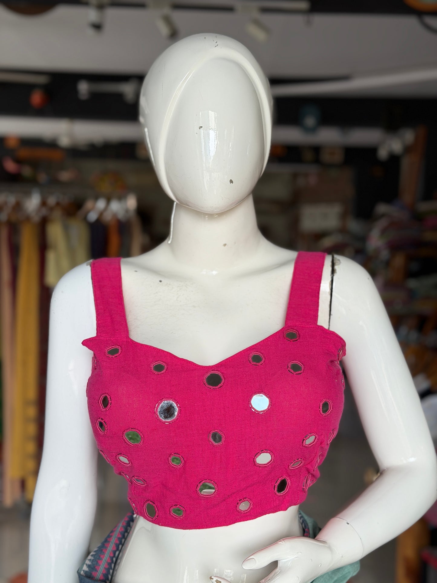 Dark pink kala cotton sleeveless blouse with all over mirror work on front and back with adjustable width back