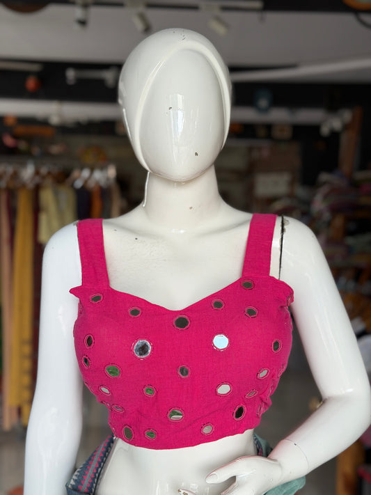 Dark pink kala cotton sleeveless blouse with all over mirror work on front and back with adjustable width back